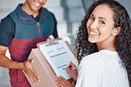 Woman, sign delivery document and ecommerce package in a box from courier man for online shopping order. Safe global, home distribution and shipping transportation of goods from internet retail store