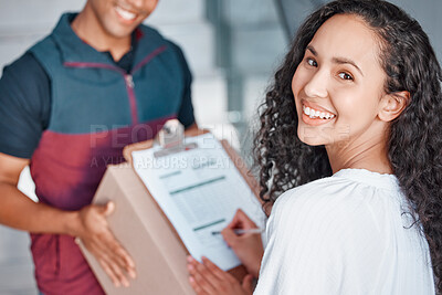 Buy stock photo Woman, sign delivery document and ecommerce package in a box from courier man for online shopping order. Safe global, home distribution and shipping transportation of goods from internet retail store