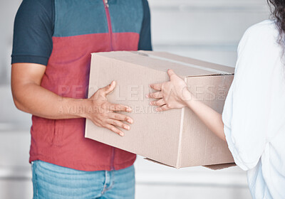 Buy stock photo Delivery box, courier service and people hands for commerce, distribution and supply chain industry worker.  Logistics, stock and man giving cardboard package woman customer for commercial export job