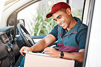 Delivery, black man and with package box with smile, check deliveries in truck, van and happy with work. Logistics, shipping and courier guy busy with clipboard to confirm address, parcel and vehicle