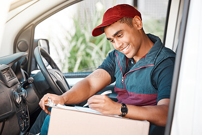 Buy stock photo Delivery, black man and with checklist for package box and smile for delivery in truck, van or happy with work. Logistics, shipping or courier guy with clipboard to confirm address, parcel or vehicle