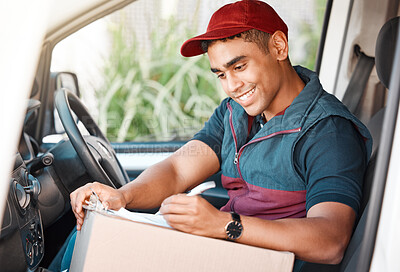Buy stock photo Delivery man, driver and writing on checklist or box working for courier service with package, shipment or parcel in cargo vehicle. Transportation, logistics and guy ready to deliver ecommerce order
