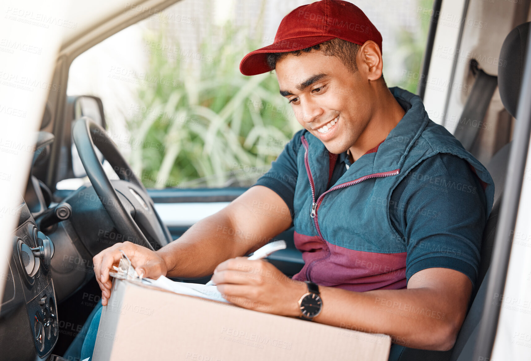 Buy stock photo Delivery man, driver and writing on checklist or box working for courier service with package, shipment or parcel in cargo vehicle. Transportation, logistics and guy ready to deliver ecommerce order