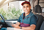 Man, van or tablet in delivery logistics, ecommerce shipping or online shopping transport management. Portrait, smile or happy courier worker in car on e commerce retail stock distribution technology