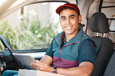 Buy stock photo Man, van or tablet in delivery logistics, ecommerce shipping or online shopping transport management. Portrait, smile or happy courier worker in car on e commerce retail stock distribution technology