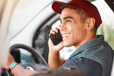 Buy stock photo Phone call, driving and courier talking on a mobile while doing a delivery. Happy, young and driver working in logistics, ecommerce or transportation industry speaking on a smartphone in a car