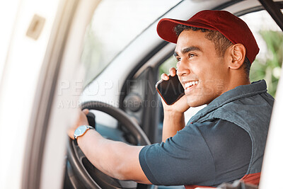 Buy stock photo Phone call, delivery and courier talking on a mobile, working and driving for ecommerce business in a car. Young, happy and thinking logistics driver speaking about cargo on a smartphone in a van