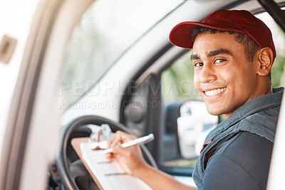 Buy stock photo Logistics, delivery car and man with clipboard paperwork or checklist for stock, product distribution or shipping info. Supply chain industry, courier service and happy van or truck driver working