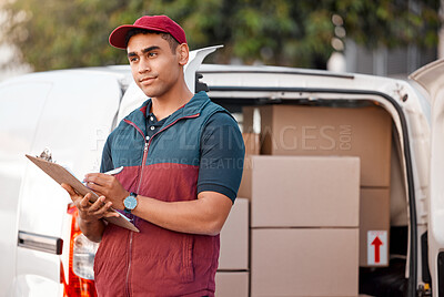 Buy stock photo Logistics, supply chain and delivery driver with clipboard or paper outdoor with van, transport or car. Ecommerce, shipping and cargo worker check stock for export, courier and distribution service