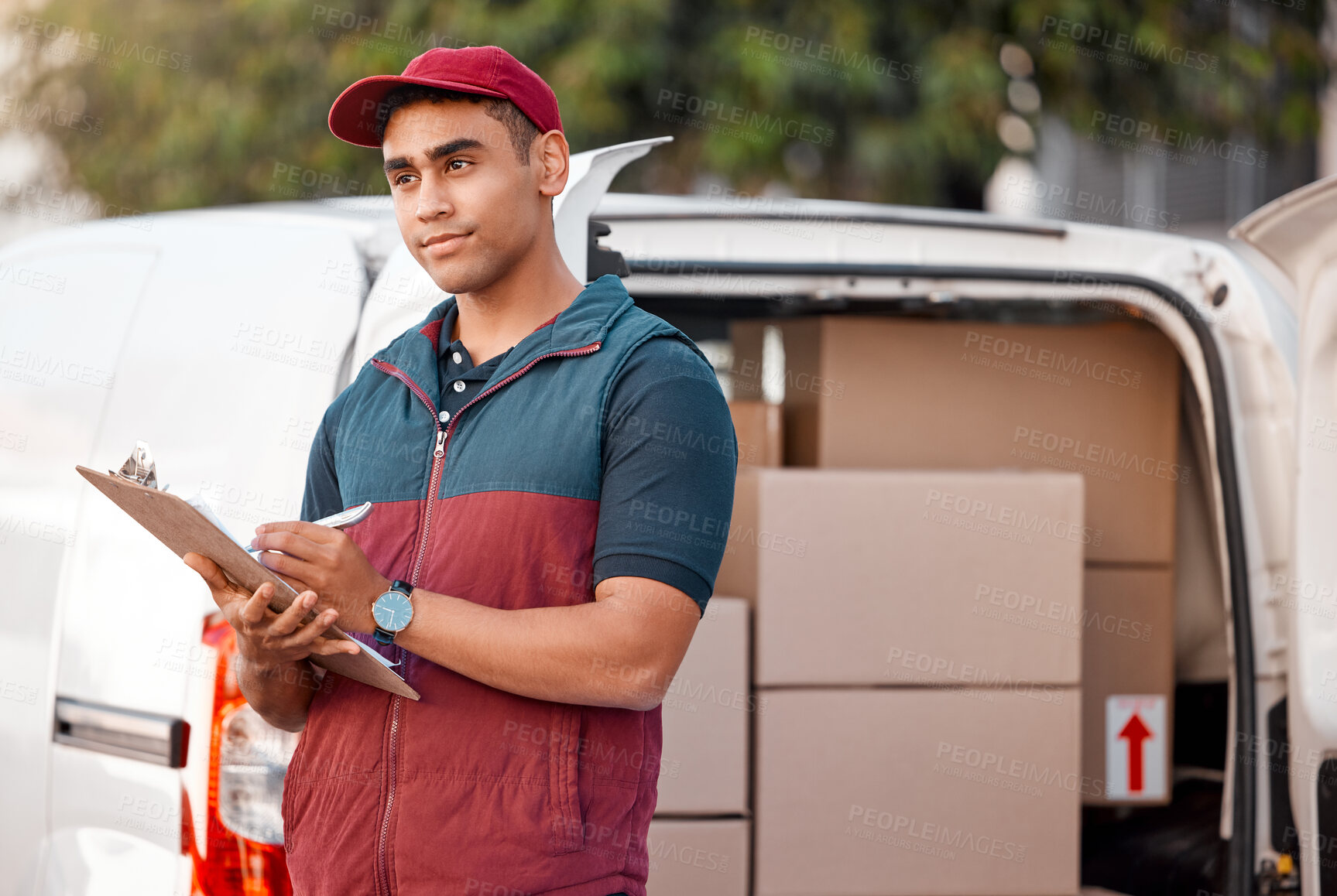 Buy stock photo Logistics, supply chain and delivery driver with clipboard or paper outdoor with van, transport or car. Ecommerce, shipping and cargo worker check stock for export, courier and distribution service