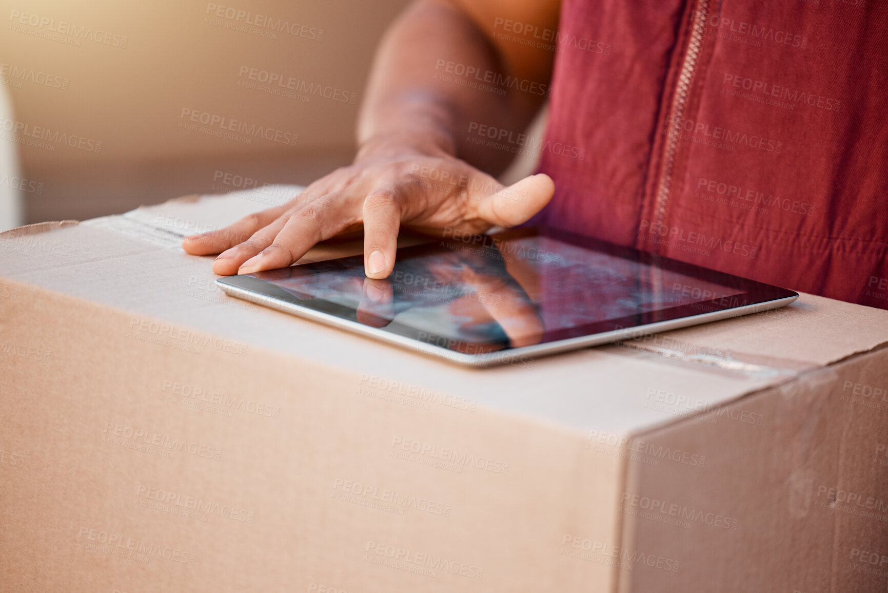 Buy stock photo Delivery man, courier service and tablet to find customer location to deliver ecommerce package in box to customer house. Professional parcel transport, commercial distribution and safe home shipping