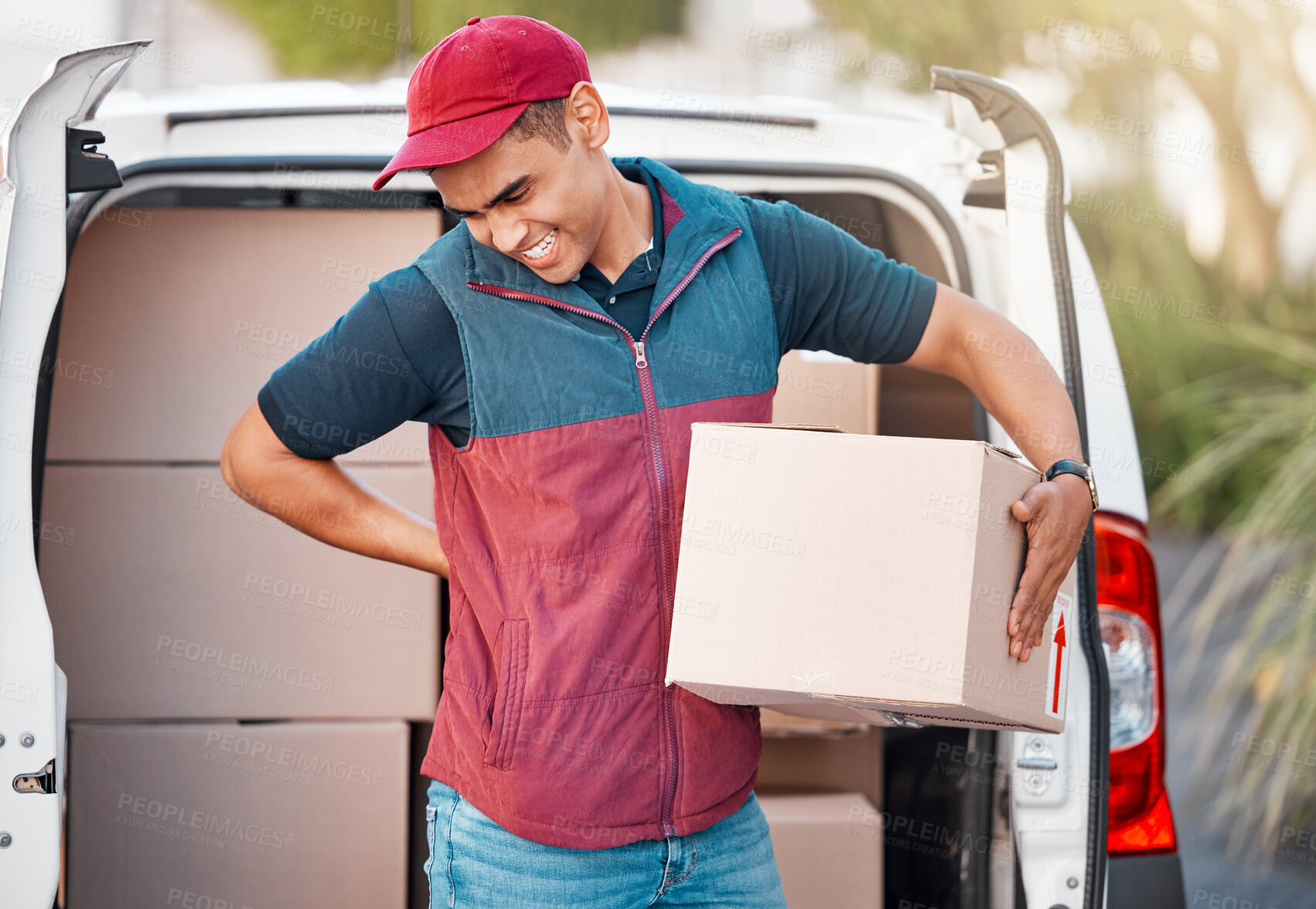 Buy stock photo Delivery man with box, package in van and safe home shipping of online ecommerce retail product. Courier truck transport, internet goods orders and mail parcel to customer location in cardboard boxes