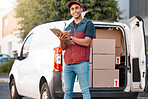 Delivery, list and courier writing on paper with boxes in a van in a street. Portrait of a young, happy and ecommerce worker working on documents, shipping and service for logistics with a car
