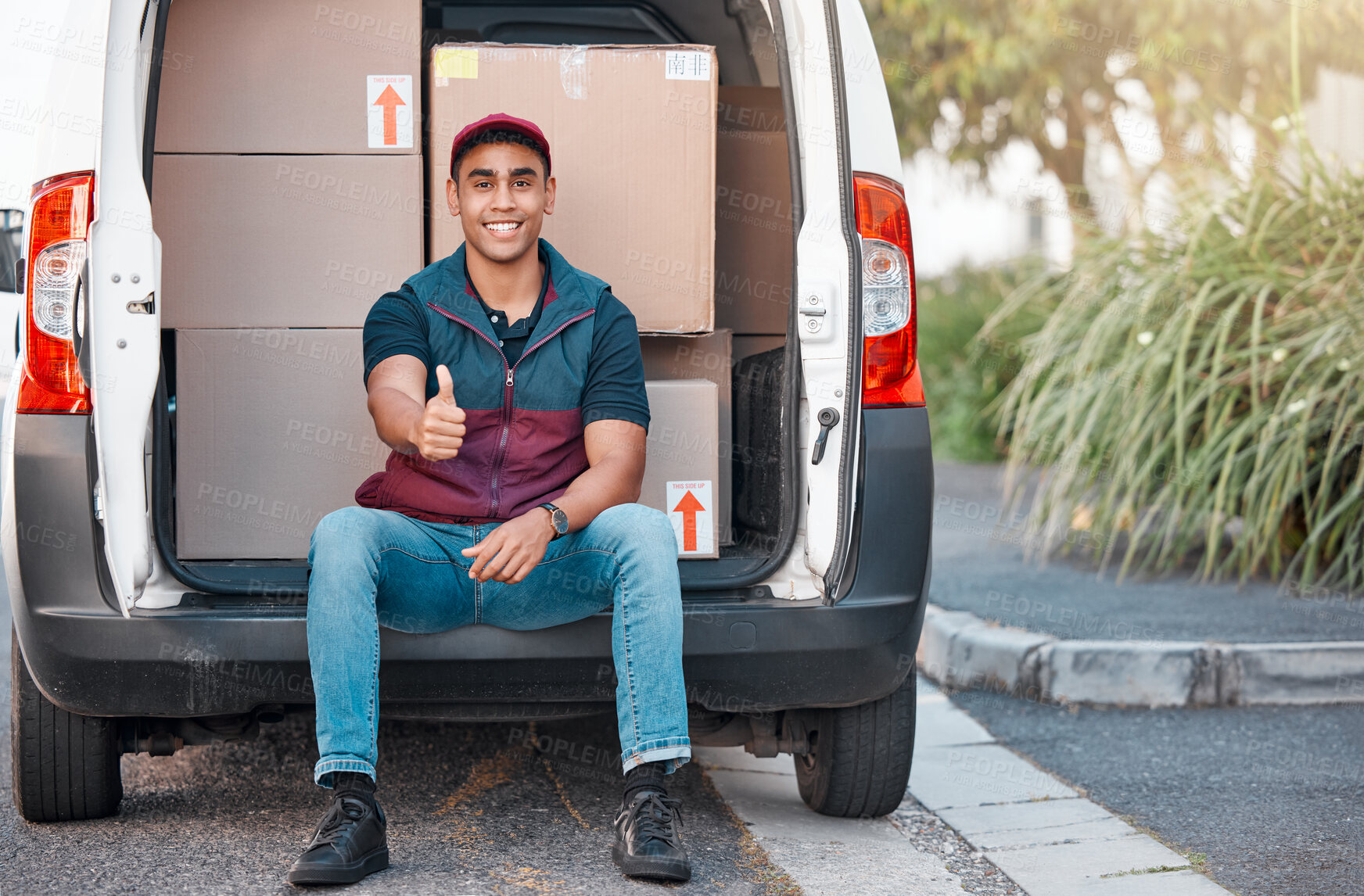 Buy stock photo Delivery, box and man in truck with thumbs up, trust and success in courier service for ecommerce business. Supply chain, cargo and logistics driver with smile in van with retail stock for transport.