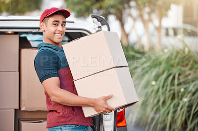 Buy stock photo Delivery man, box and courier service with package, shipment or parcel from van transportation outdoor. Cargo vehicle, logistics and portrait of friendly delivery guy shipping online wholesale order