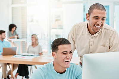 Buy stock photo Comic, training and employees with a computer for work, planning and web design together. Happy, young and creative startup workers with a funny website, video or communication on a pc in an office