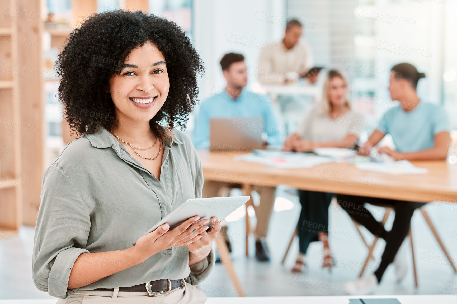 Buy stock photo Corporate, black woman and portrait with tablet for schedule management or admin online in office. Smile of insurance worker girl in company workspace with wireless tech for business planning.

