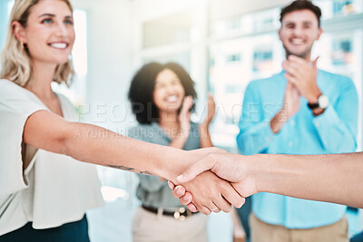Buy stock photo Business people, handshake and clapping for b2b partnership in success, vision and growth at the office. Hand of woman with smile shaking hands for company agreement, meeting or deal at the workplace