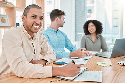 Buy stock photo Leadership, business meeting or black man writing in notebook for planning, collaboration or teamwork in office. Employee or businessman for research, data analysis or SEO marketing strategy review