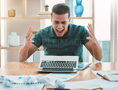 Buy stock photo Angry, laptop and businessman with accident, burnout or stress from work in an office. Frustrated worker with anxiety from computer glitch, problem with pc and reading email online with paperwork