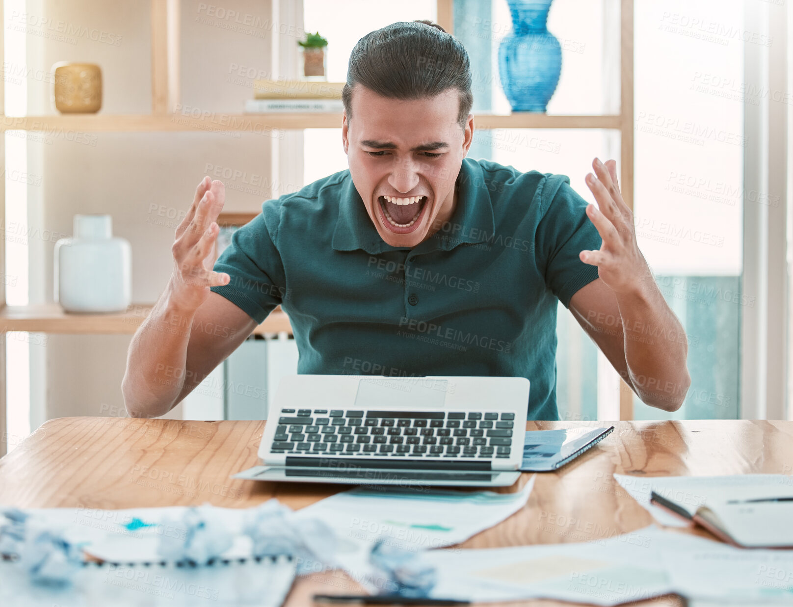 Buy stock photo Angry, laptop and businessman with accident, burnout or stress from work in an office. Frustrated worker with anxiety from computer glitch, problem with pc and reading email online with paperwork