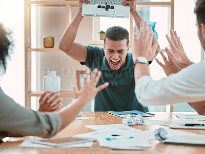 Buy stock photo Angry, businessman and laptop smash on table in meeting after failure, glitch or error. Stress, burnout or rage of furious ceo breaking computer after suffering financial loss with workers in office.