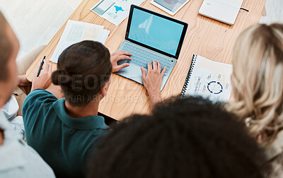 Buy stock photo Teamwork, laptop and green screen top view of business people in office working together. Chroma key, blue screen and documents on table with workers in collaboration planning online project mockup.