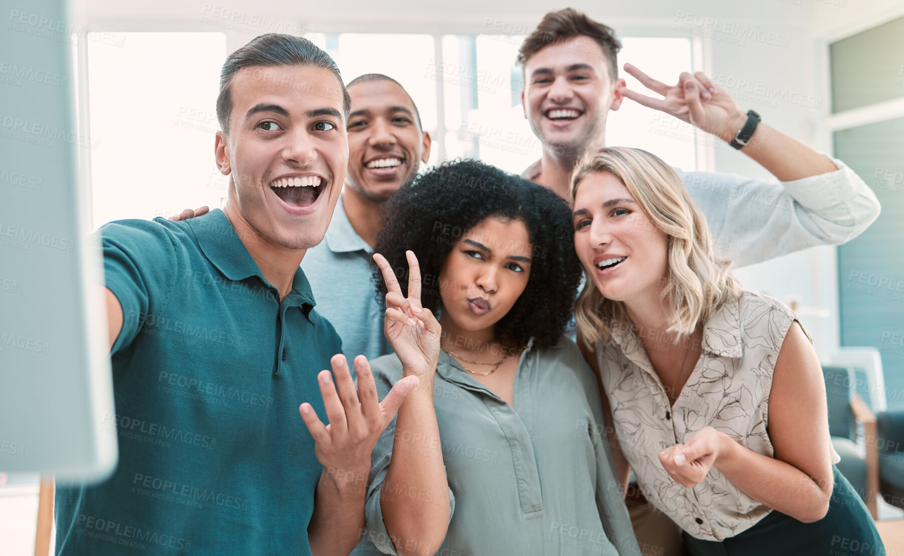 Buy stock photo Happy employees, selfie and team building in office for business people happy, smile and peace sign posing for picture. Diversity, teamwork and collaboration photo with fun men and women work friends