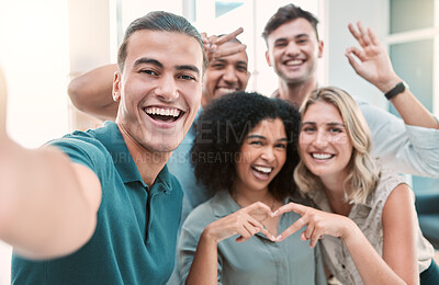Buy stock photo Happy, selfie and corporate team bonding in office at a meeting or team building together. Diversity, teamwork and young work friends with smile and happiness take photo for fun in company workplace.