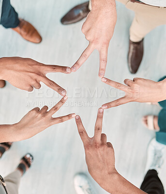 Buy stock photo Team, office and hands for star, group and peace in solidarity, success and goal for business. Finance, workers and community in workplace, together and diversity for accounting, corporate and work