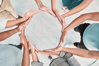 Buy stock photo Team building, support and business people with hands in a circle for partnership, collaboration and teamwork at work. Corporate workers with a mission, community or solidarity for trust from above