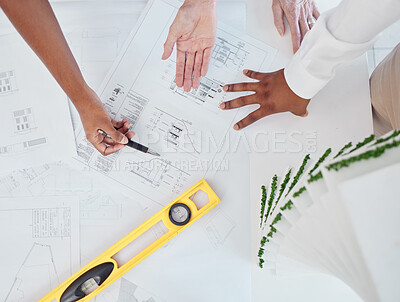 Buy stock photo Architect, hands and construction planning for building industry in team discussion or meeting on the table. Hand of business people in architecture or industrial design for project or model plan