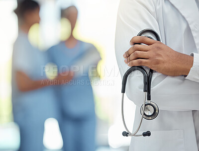 Buy stock photo Hospital, medical and hands of doctor with stethoscope for professional cardiology exam closeup. Healthcare, cardiologist and diagnostic equipment for heart expert treatment in workspace.

