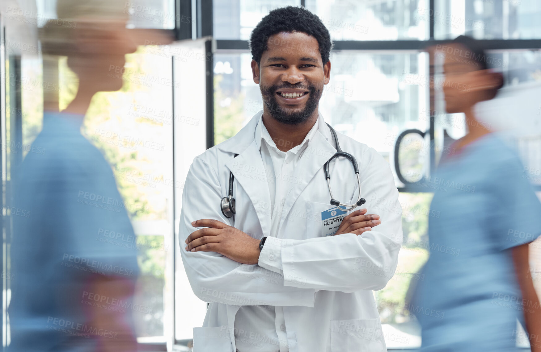 Buy stock photo Medical doctor, man nurse and crossed arms healthcare professional in busy hospital. Portrait, happy face expression and health wellness clinic worker or surgery consultant employee in uniform
