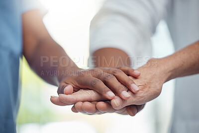 Buy stock photo Hands, teamwork and support of doctors in collaboration for mission, goal or team building together. Trust, partnership or medical group with target, motivation or vision, winning or success mindset
