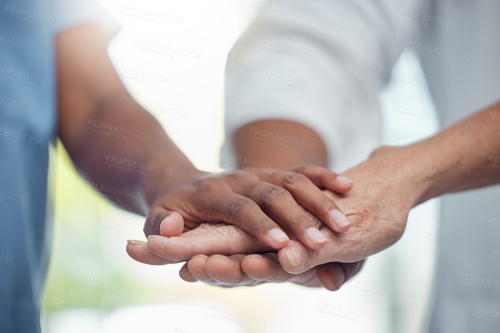 Buy stock photo Hands, teamwork and support of doctors in collaboration for mission, goal or team building together. Trust, partnership or medical group with target, motivation or vision, winning or success mindset
