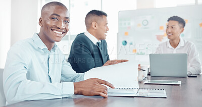 Buy stock photo Report, marketing and businessman with a smile in a meeting, planning and working in collaboration. Portrait of a black man reading paper, documents and notes on strategy for partnership with workers