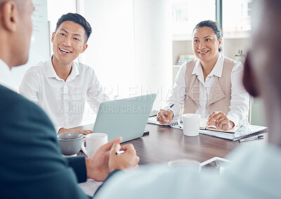 Buy stock photo Business people, collaboration and meeting, business and conference room discussion, diversity workers and technology making notes. Teamwork, working together planning strategy, laptop and notebook.