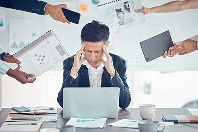 Buy stock photo Stress, tired and business man with burnout, headache and frustrated work pressure with hands of employees giving task. Manager, mental health and data analyst male stressed and depressed at desk 