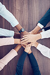 Teamwork, collaboration and motivation business people hands connect together in office. Group staff hand for goal, community together for team project or company growth mission and trust from above