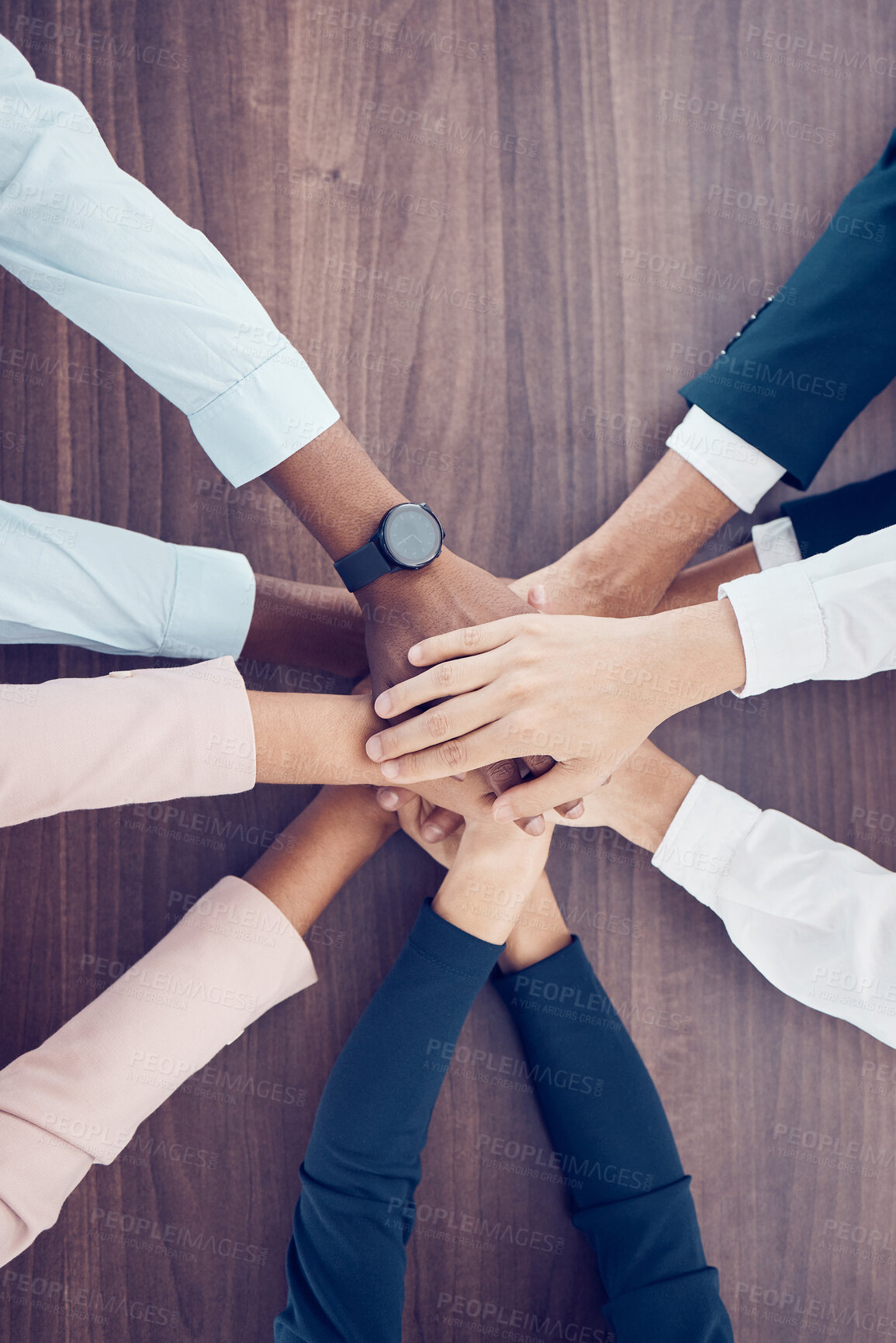 Buy stock photo Teamwork, collaboration and motivation business people hands connect together in office. Group staff hand for goal, community together for team project or company growth mission and trust from above