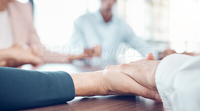 Buy stock photo Team building, motivation and business people holding hands in a meeting for communication, trust and support at work. Hands of employees in a seminar for a team goal, mission and community in office