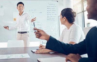 Buy stock photo Brainstorming, team and business people, meeting and planning business strategy, whiteboard and collaboration in conference room. Teamwork, diversity and corporate project plan, idea and innovation. 