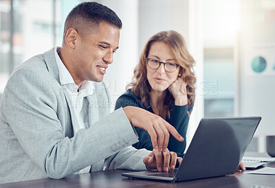 Buy stock photo Laptop, communication and employees planning, working and meeting with ideas on the internet together at work. Happy, business and corporate workers talking about a website for the company with tech