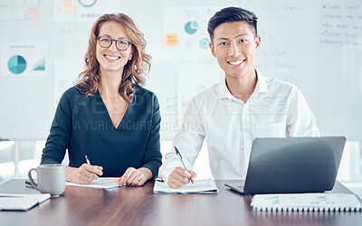 Buy stock photo Corporate, planning and employees coworking, meeting and working in collaboration with notes and a laptop at work. Portrait of diversity, business and marketing workers with a strategy for teamwork