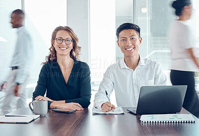 Buy stock photo Business people, documents or laptop in busy office finance management, company budget planning or growth data analysis. Portrait, smile or happy financial worker collaboration on technology or paper