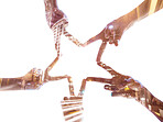 Peace hands, overlay and group motivation for support, solidarity and partnership with background mockup. Below of teamwork, star sign and diversity with double exposure of city with mock up space