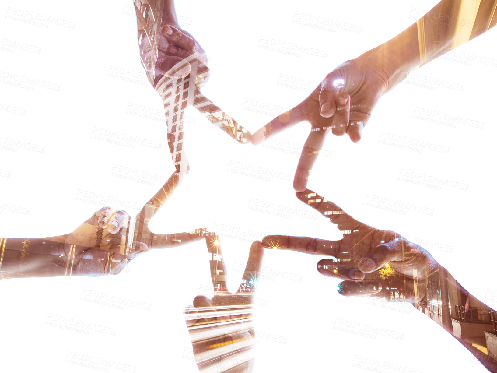 Buy stock photo Peace hands, overlay and group motivation for support, solidarity and partnership with background mockup. Below of teamwork, star sign and diversity with double exposure of city with mock up space