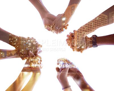 Buy stock photo Hands, teamwork and digital overlay with a man and woman group standing together for solidarity or unity. Team, community and technology with people hand in hand against a CGI city background