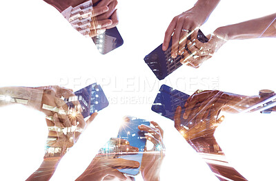 Buy stock photo People hands, phone with city double exposure and social media app, typing and digital iot connection. Social network, internet website and 5g smartphone cloud computing technology online with mockup
